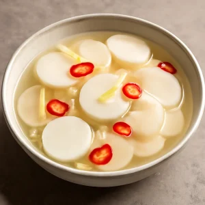 Friss, savanykás víz alapú retek kimchi tálalva