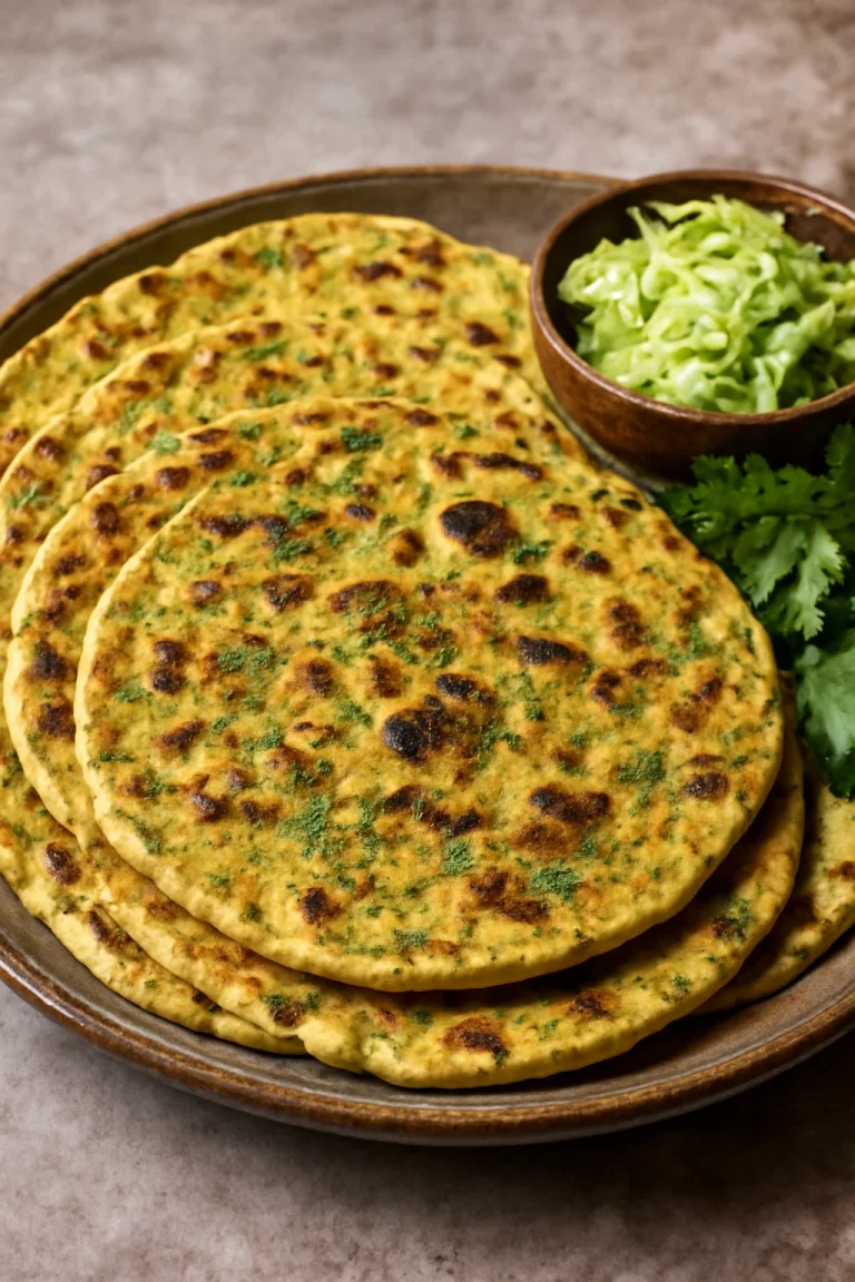 Doodhi thepla, reszelt zucchini és fűszerekkel tálalva, melegen