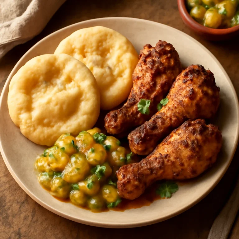 Doubles zöld mangó chutney-val, friss, fűszeres csirkecombokkal és gazdag mangó chutney-val tálalva.