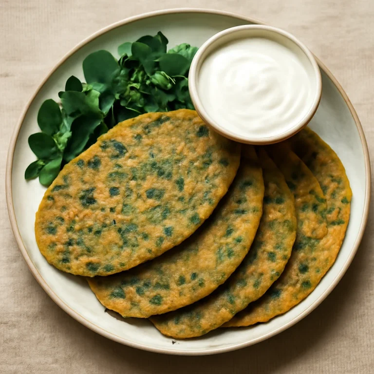 Drumstick leaves thepla tálalva, friss zöldségekkel és joghurttal