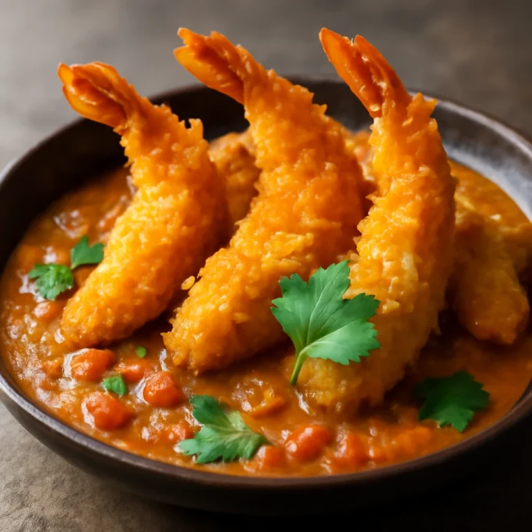 Ebi Fry curry szósszal, ropogós rákok curry szósszal, friss fűszerekkel tálalva