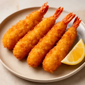 Ropogós ebi fry, panko morzsával, citrommal tálalva