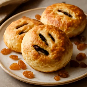 Friss, fűszeres Eccles cake, aranymazsolával töltve