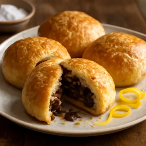 Finom Eccles cake, citromhéjjal díszítve, frissen tálalva