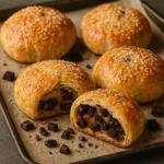 Eccles cake csokoládé darabokkal töltve, aranybarnára sütve, leveles tésztából