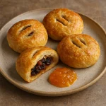 Eccles cake narancslekvárral, ropogós tésztában, gyümölcsös töltelékkel tálalva