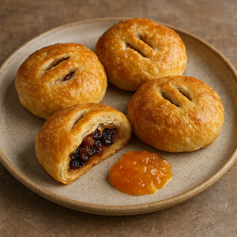 Eccles cake narancslekvárral, ropogós tésztában, gyümölcsös töltelékkel tálalva