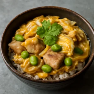 Japán Oyakodon étel edamame-val és tojással