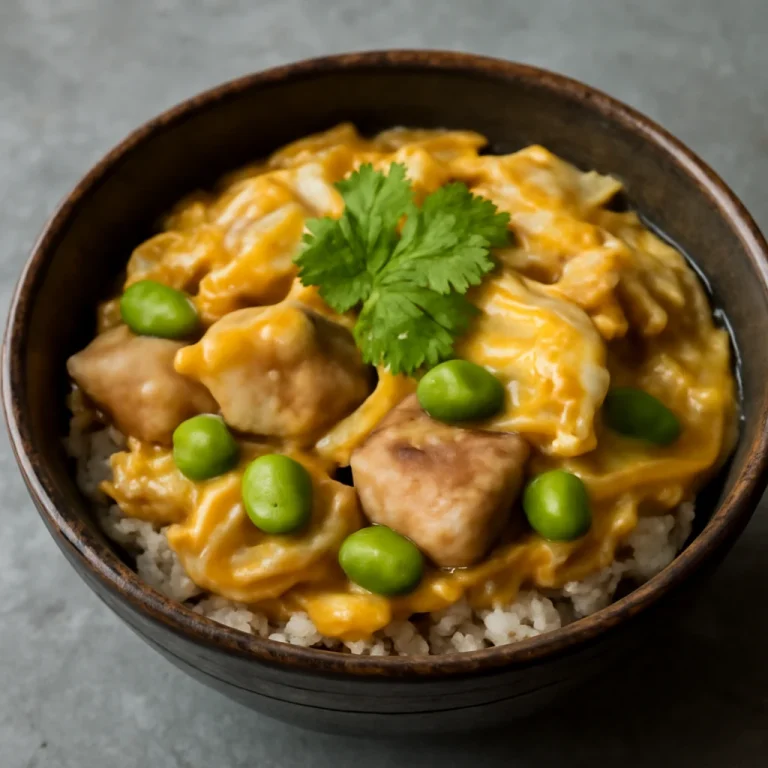 Edamame zöld szója töltelékű Oyakodon, tojással, csirkehússal és friss korianderrel díszítve
