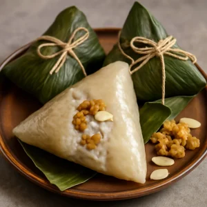 Édes és krémes zongzi, finom kókuszos töltelékkel és dióval