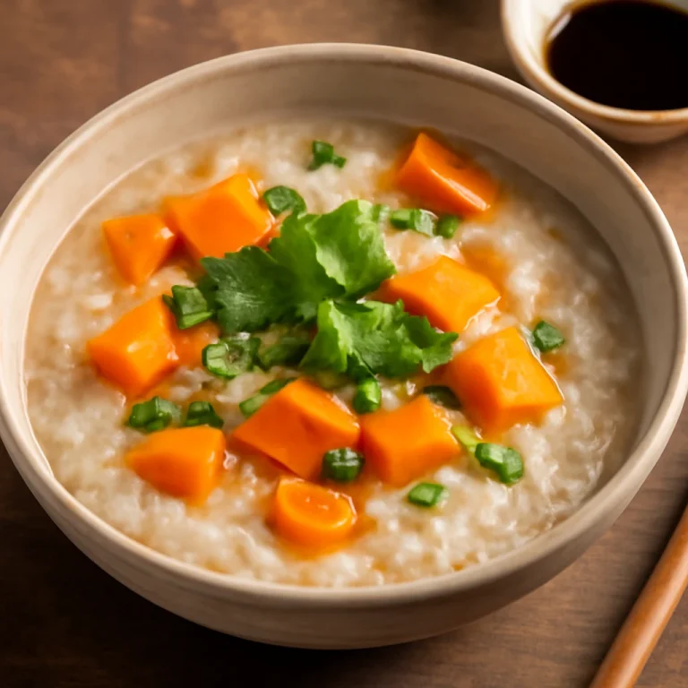 Édesburgonyás Congee, kínai rizs kása édesburgonyával, gyömbérrel és fokhagymával