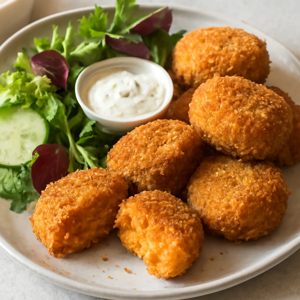 Ropogós édesburgonyás korokke, zsemlemorzsával és friss salátával