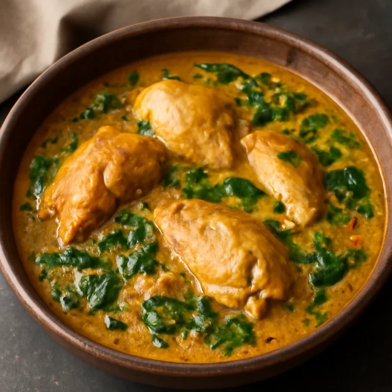 Egusi soup csirkehússal, gazdag fűszeres leves csirkehússal és zöldségekkel tálalva