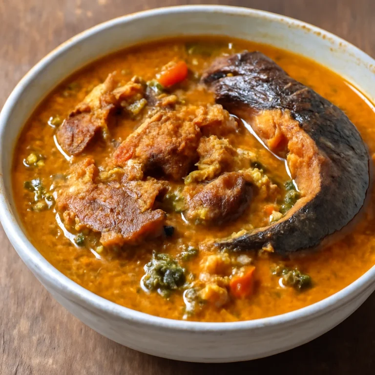 Egusi soup füstölt hallal, tálalva gazdag húsos és zöldséges mártásban.