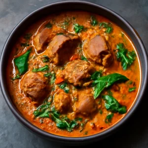 Afrikai egusi soup kecskehússal, gazdag ízekkel