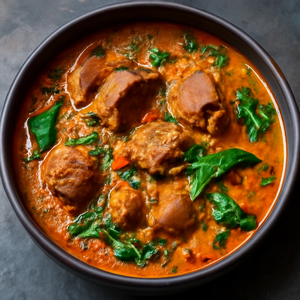 Afrikai egusi soup kecskehússal, gazdag ízekkel