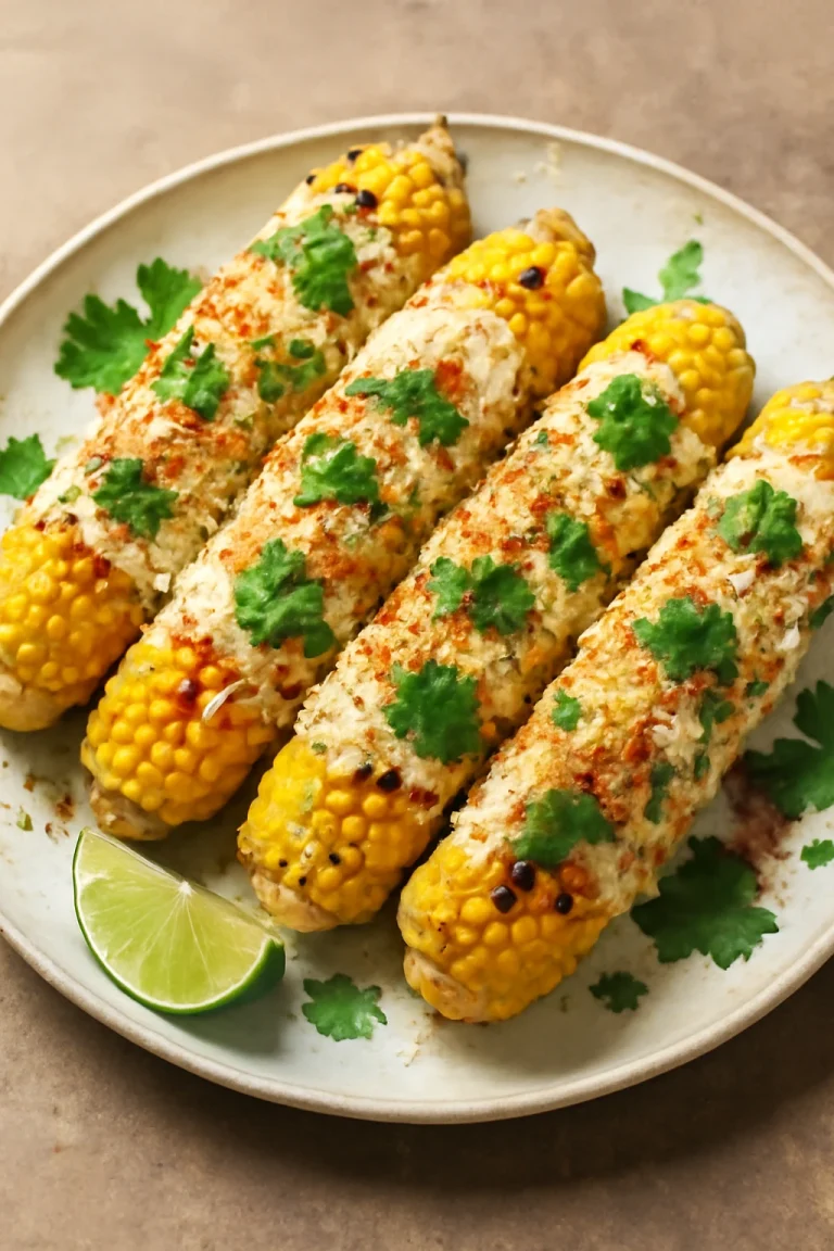 Elote tejfölös szósszal, frissen tálalva, fűszeres kukoricával és parmezánnal.