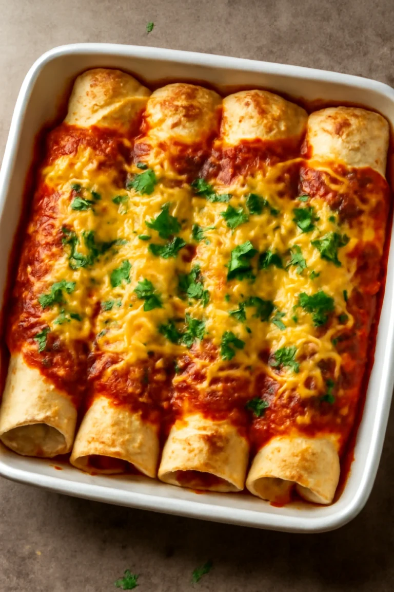 Enchilada, fűszeres paradicsomszósszal, reszelt sajttal és friss korianderrel tálalva