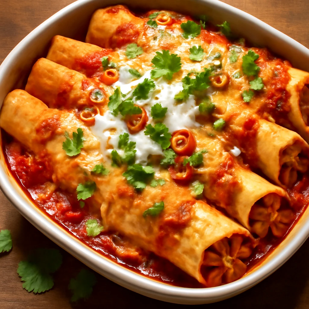 Fűszeres enchilada csirkehússal, sajttal és friss korianderrel