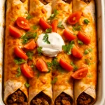 Enchilada paradicsommal, egy fűszeres darált húsos étel sajttal és friss korianderrel