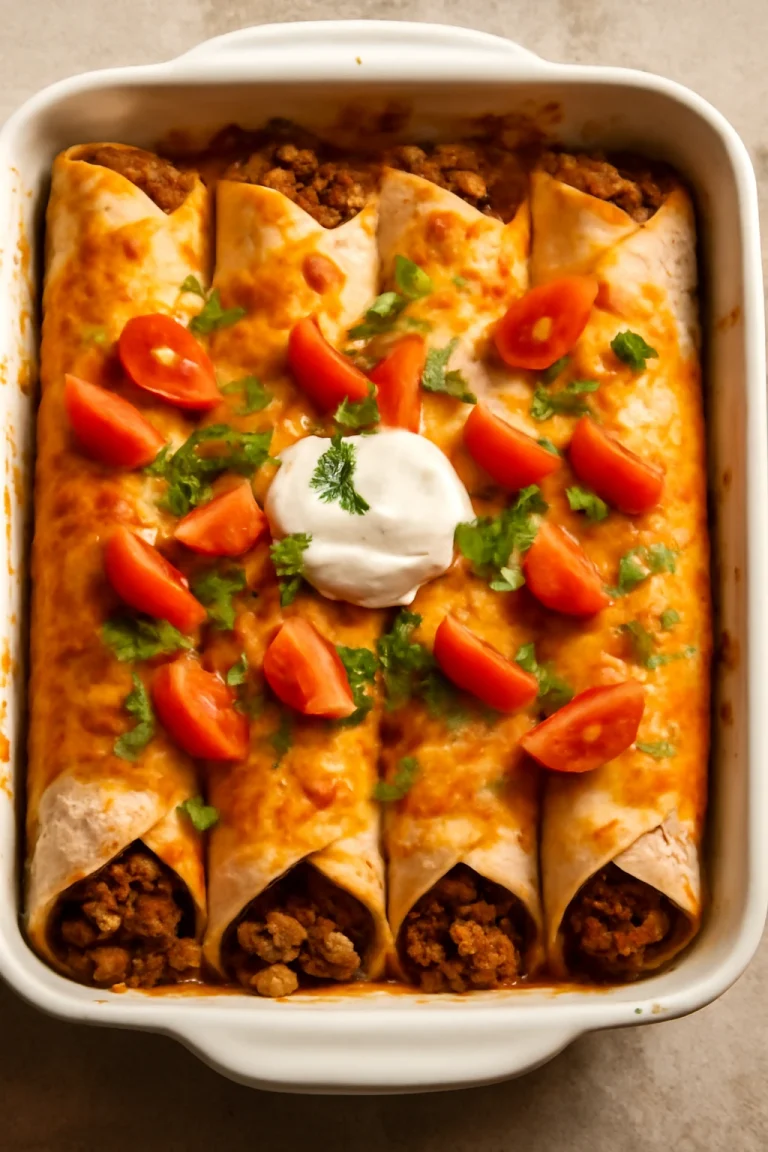 Enchilada paradicsommal, egy fűszeres darált húsos étel sajttal és friss korianderrel
