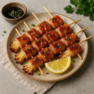 Japán stílusú grillezett gomba baconbe tekerve