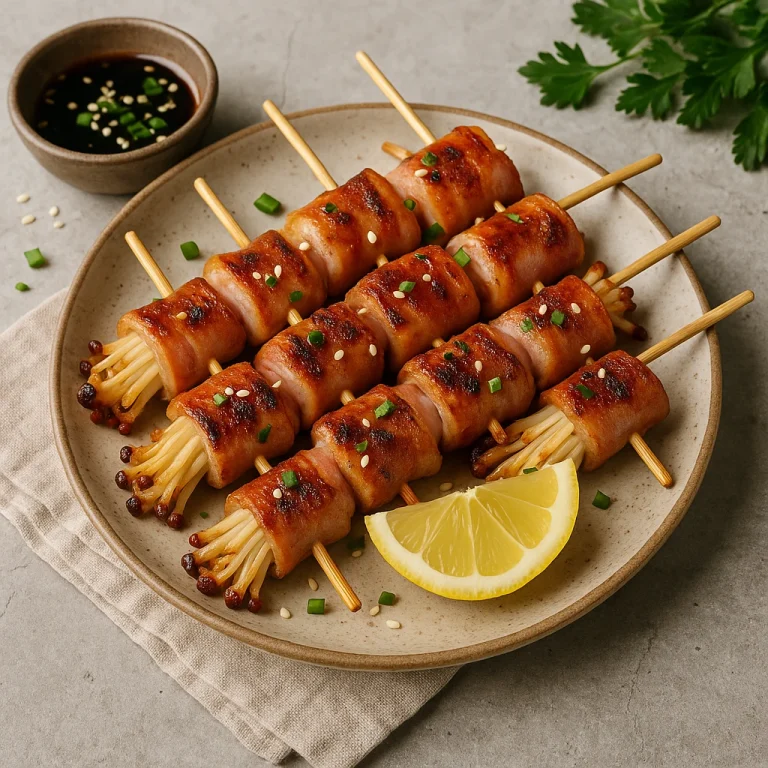 Enoki gomba szalonnába tekerve, nyársra húzva, szezámmaggal megszórva