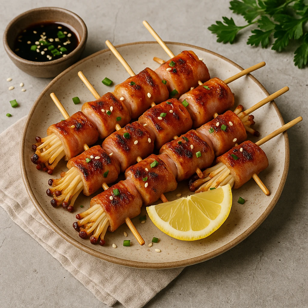 Japán stílusú grillezett gomba baconbe tekerve