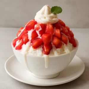 Friss és édes epres bingsu, tejszínnel és jégkásával