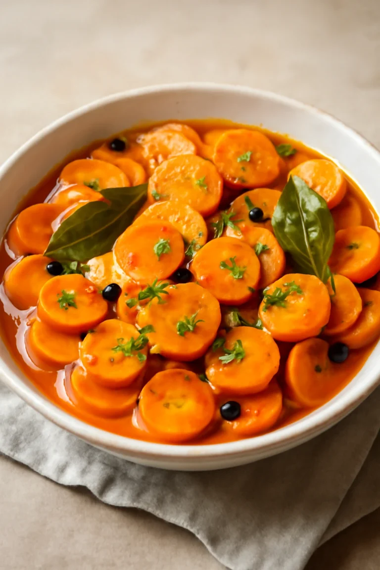 Escabeche sárgarépával tálalva, friss fűszerekkel díszítve