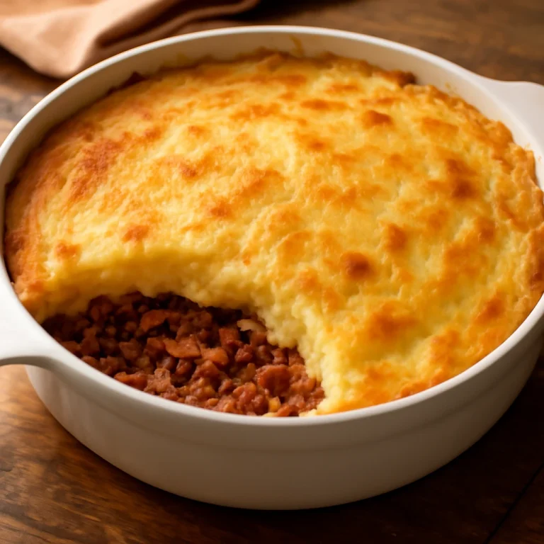 Escondidinho de mandioca, pürésített mandioca és sertéshús rétegekkel