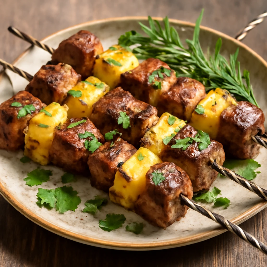 Grillezett marhahús és ananász nyárson, friss fűszerekkel