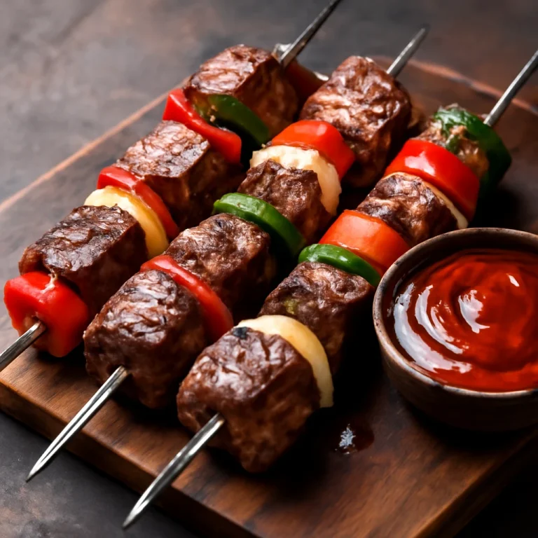 Espetada barbecue mártással, grillezett marhahússal és zöldségekkel tálalva