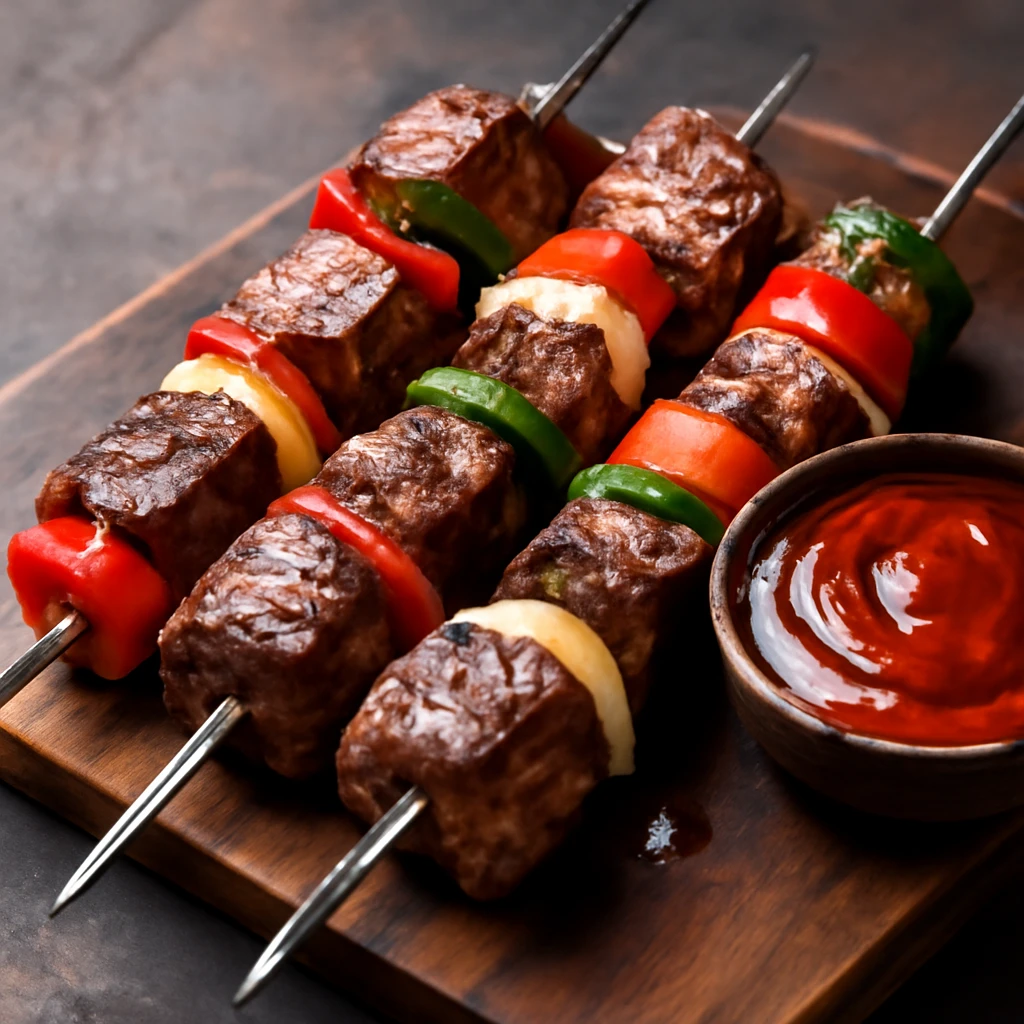 Portugál espetada grillezve, fűszeres hússal és zöldségekkel