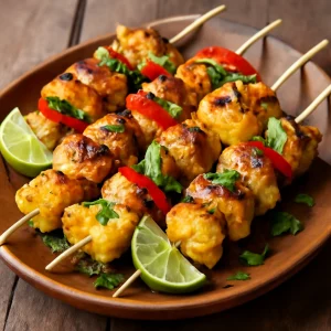 Grillezett csirkehús ananászdarabokkal és lime-mal tálalva