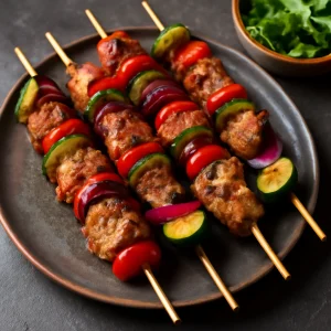 Grillezett sertéshúsos espetinho tálalva