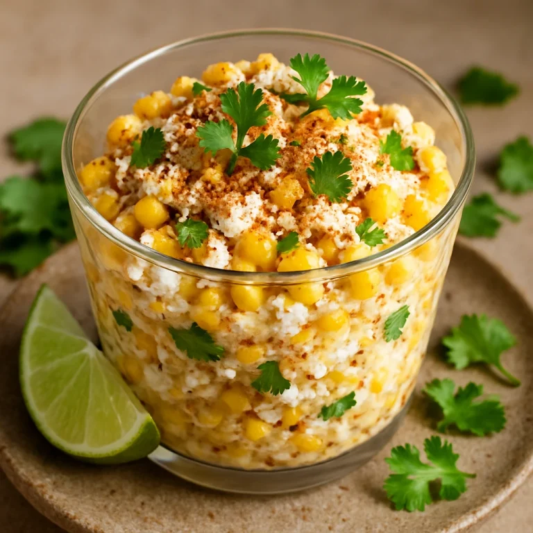 Esquites chili porral, feta sajttal és korianderrel megszórva tálalva