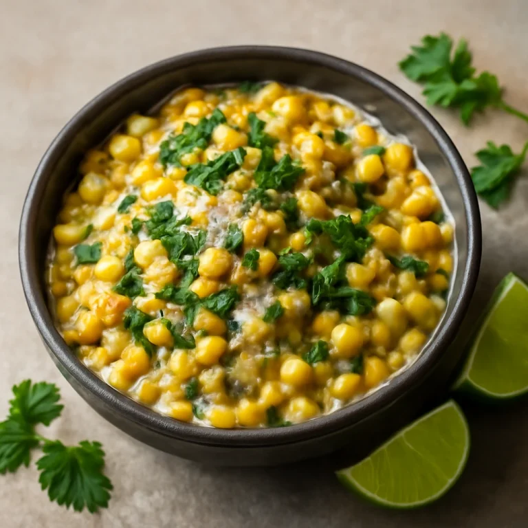 Esquites korianderrel, tejföllel és lime karikákkal tálalva
