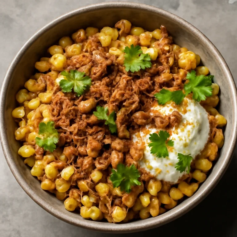 Esquites pirított hagymával, tejföllel és korianderrel tálalva