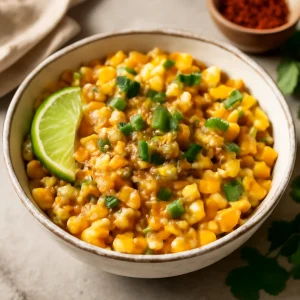 Frissen tálalt esquites, gazdag ízvilággal és friss korianderrel