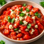 Ezme fokhagymával, feta sajttal, paradicsommal és paprikával tálalva