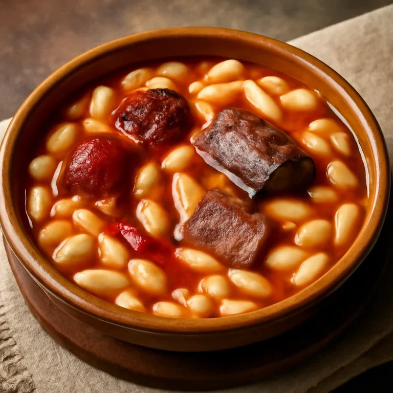 Fabada asturiana, fehérbab, chorizo és morcilla a tányérban