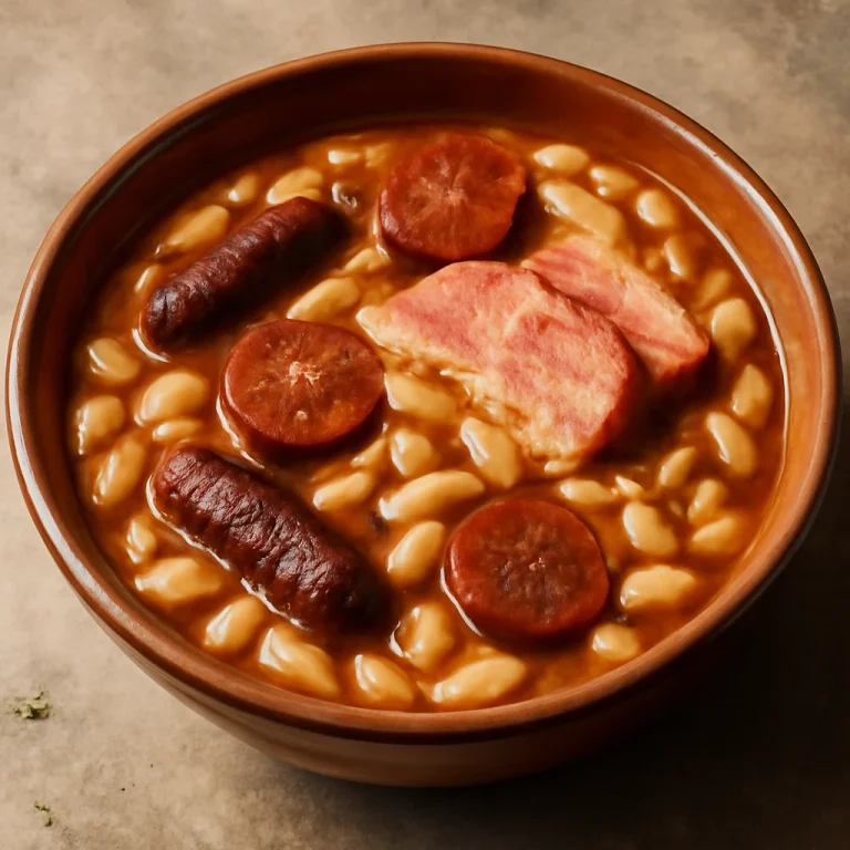 Fabada con lacón tálalva, gazdag füstölt húsokkal és babbal