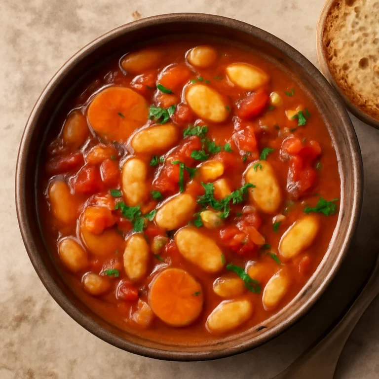 Fabada con verduras tálalva, gazdag, zöldségekkel teli leves, enyhén füstölt ízjegyekkel.