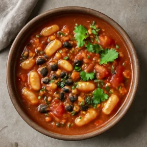 Vegán fabada, fűszeres babos pörkölt lencsével és zöldségekkel