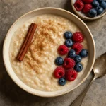 Fahéjas Congee tálalva, rizskása formában, díszítésként fahéjjal és gyümölcsökkel