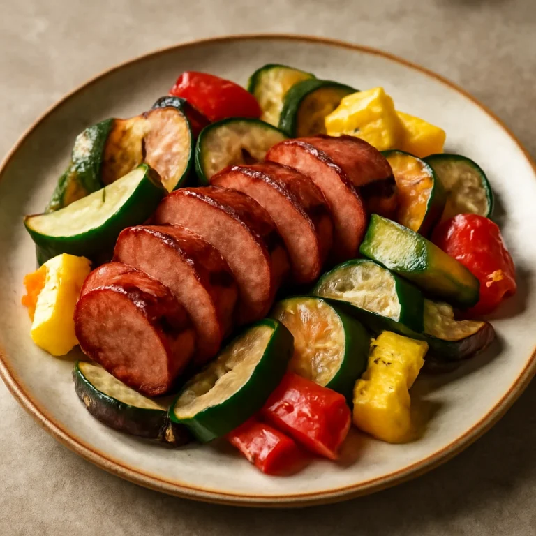 Grillezett falukorv és zöldségek tálalva, friss és ínycsiklandó megjelenésben.