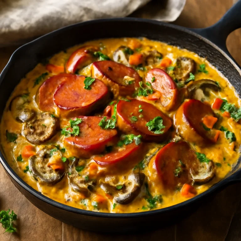 Falukorv stroganoff változatban, gazdag, krémes szószban, gombával és fokhagymával