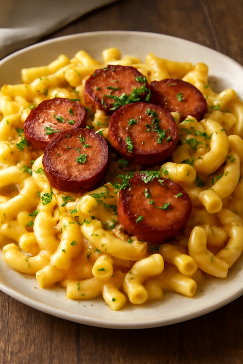 Falukorv és sajtos makaróni egy tányérban