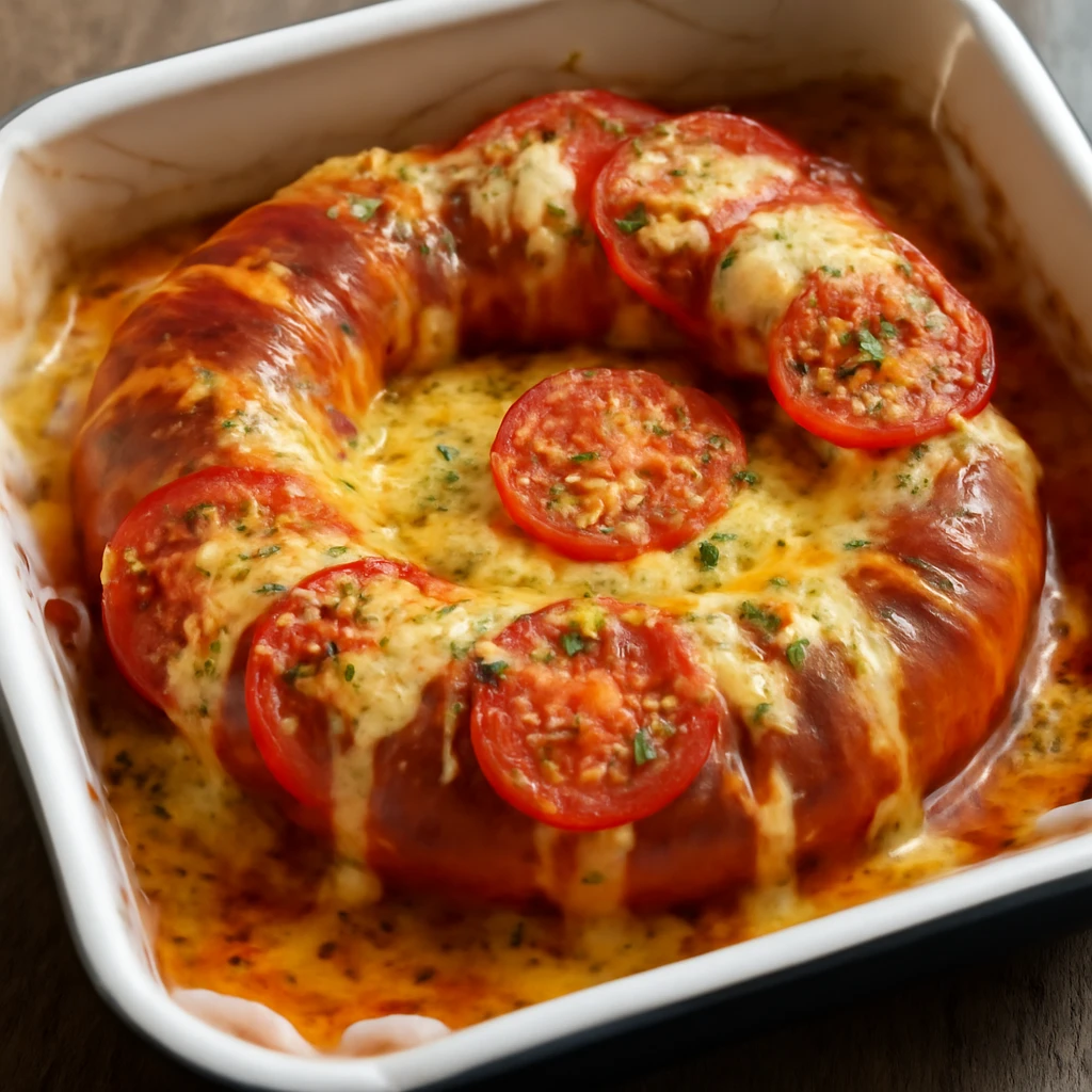 Sütőben készült falukorv sajttal és paradicsommal